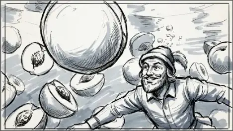 Peter Pilfer surrounded by floating peaches