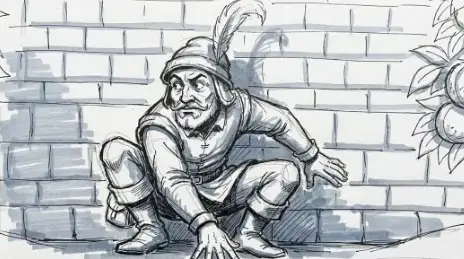 Peter Pilfer crouching beside the orchard wall