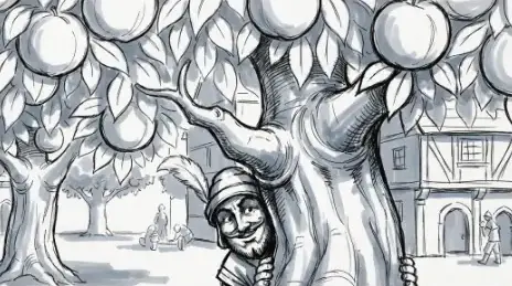 Peter Pilfer hiding behind an old peach tree