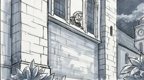 The abbot watching Peter Pilfer from a high window