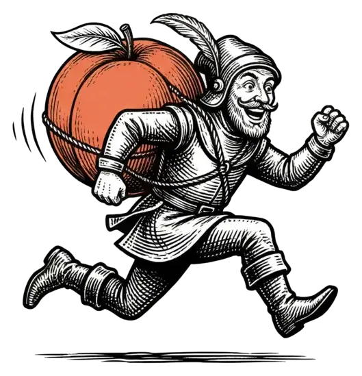 Peter Pilfer running away with an enormous peach