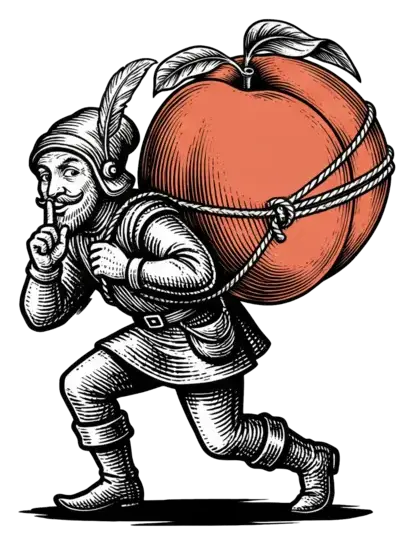 Peter Pilfer sneaking with a stolen peach